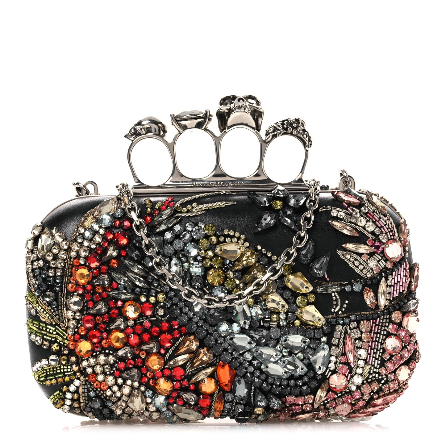 Nappa Crystal Embroidered Hieronymus Skull Knuckle Box Clutch Black Multicolor