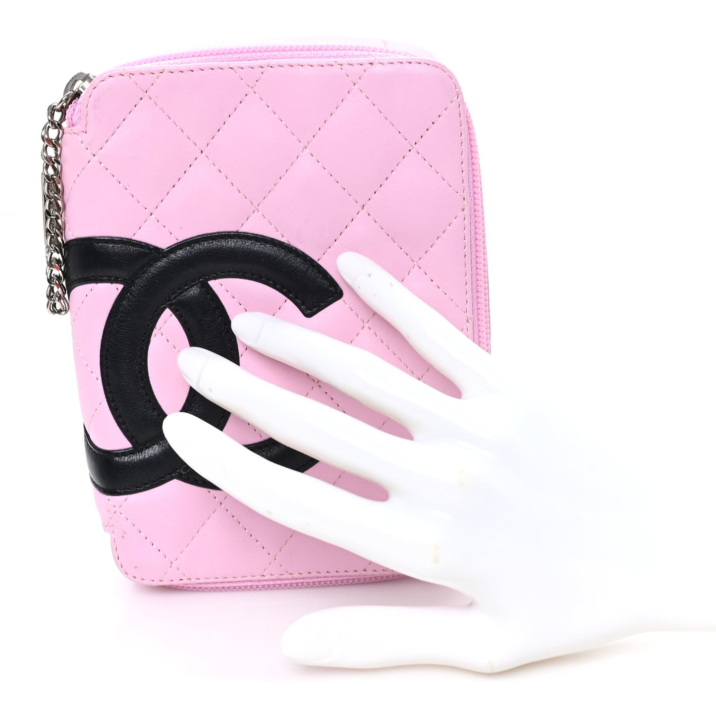 Calfskin Quilted Cambon Zip Around Makeup Pouch Pink Black