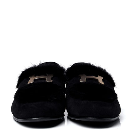 Hermes Mink Fur Suede Goatskin Paris Loafers 37 Black 2 of 6