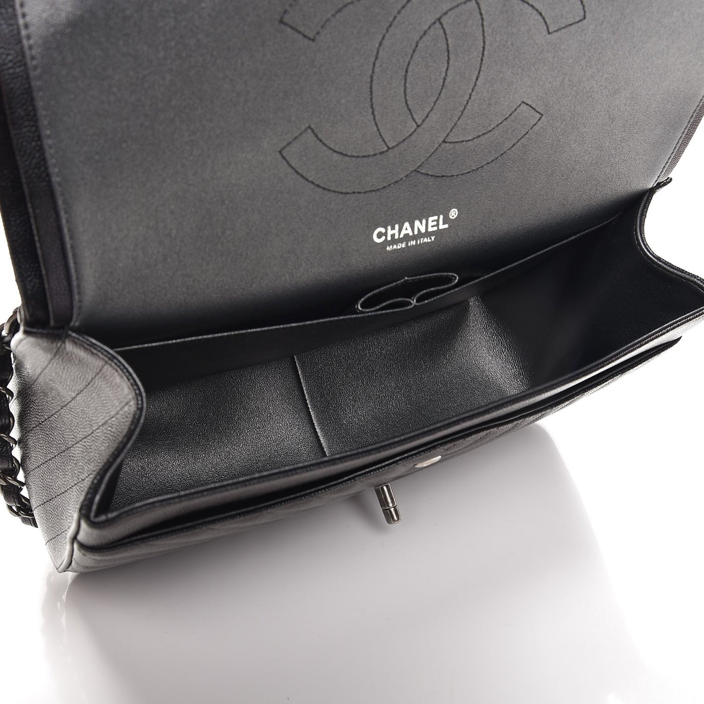 Metallic Caviar Chevron Quilted Jumbo Double Flap Black