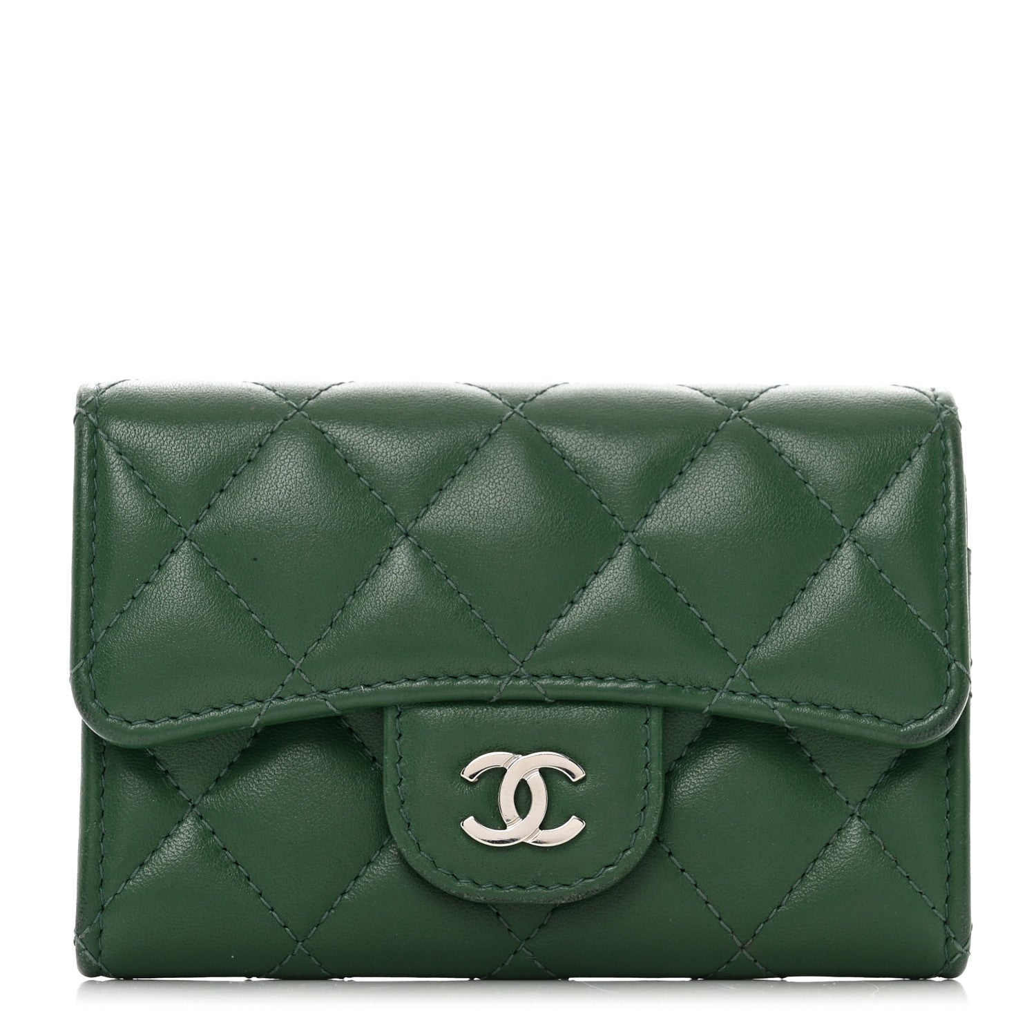 Chanel Lambskin Quilted Flap Card Holder Wallet Green 1 of 9