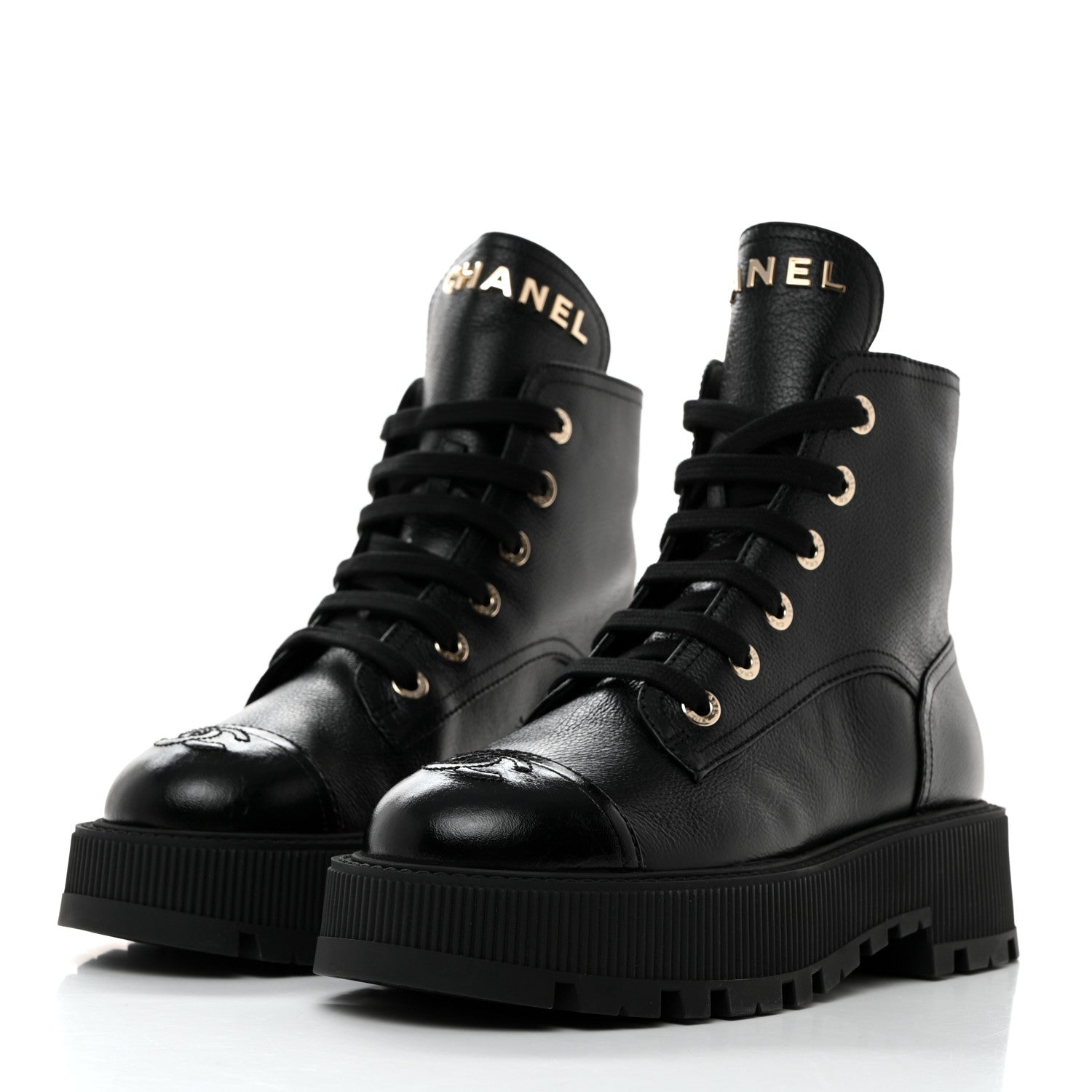 Chanel Grained Calfskin Shiny Calfskin CC Lace Up Combat Boots