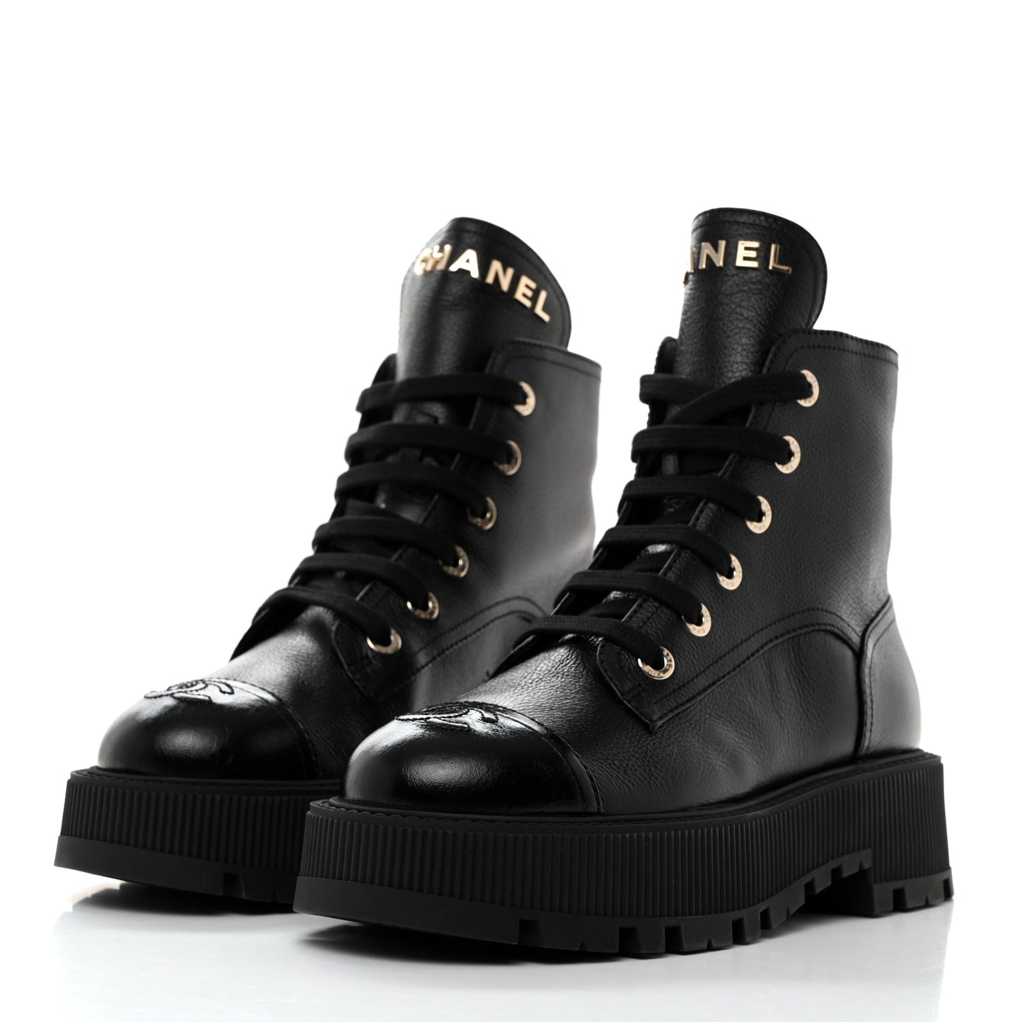 Grained Calfskin Shiny Calfskin CC Lace Up Combat Boots 37.5 Black