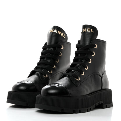 Chanel Grained Calfskin Shiny Calfskin CC Lace Up Combat Boots 37.5 Black 3 of 8