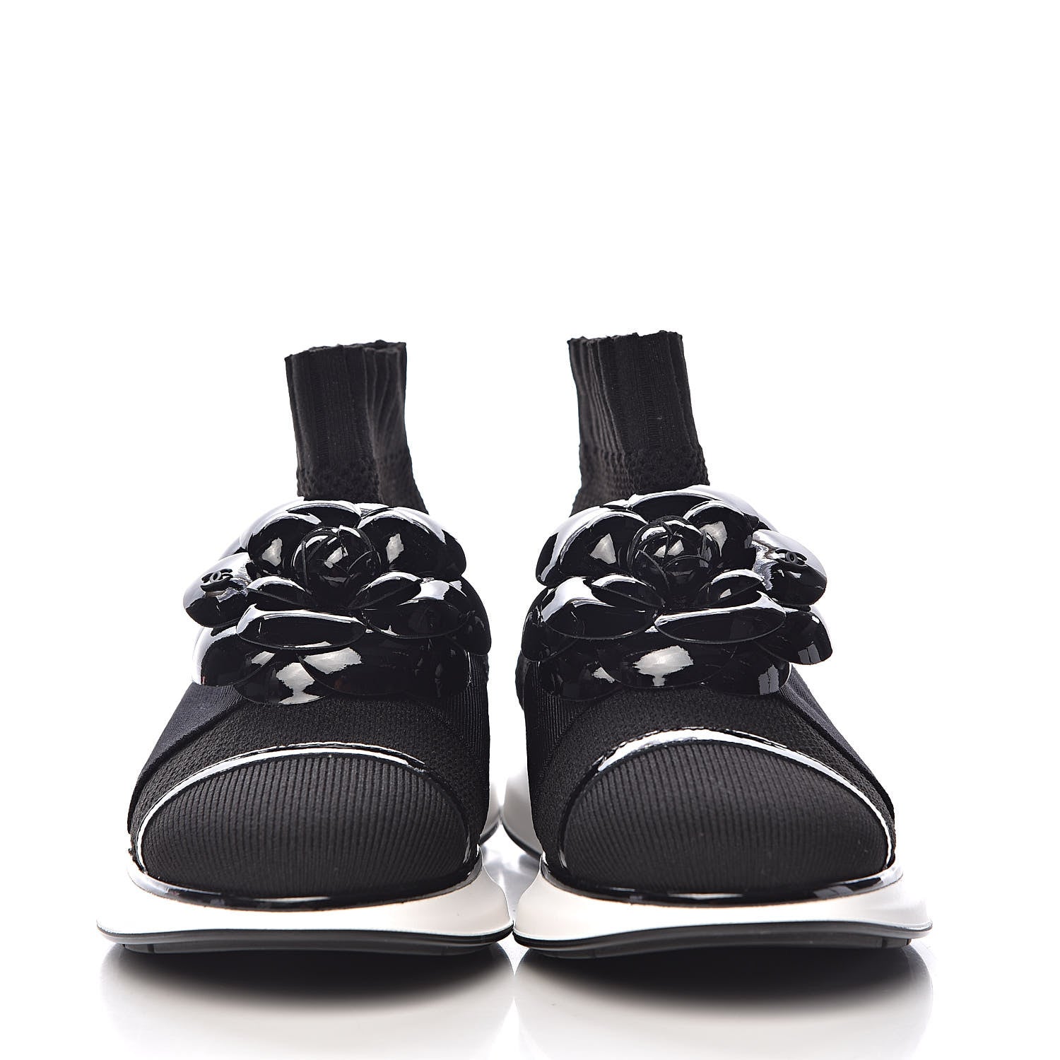 Chanel Knit Patent Calfskin Womens High Top Camellia Sneakers 36.5 Black 2 of 9