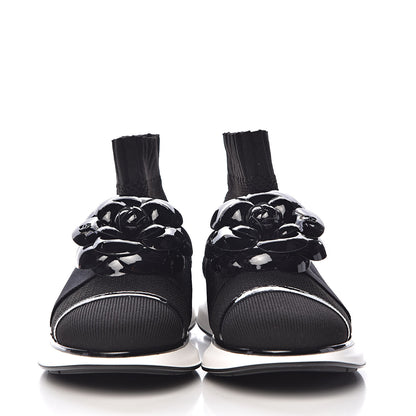 Chanel Knit Patent Calfskin Womens High Top Camellia Sneakers 36.5 Black 2 of 9