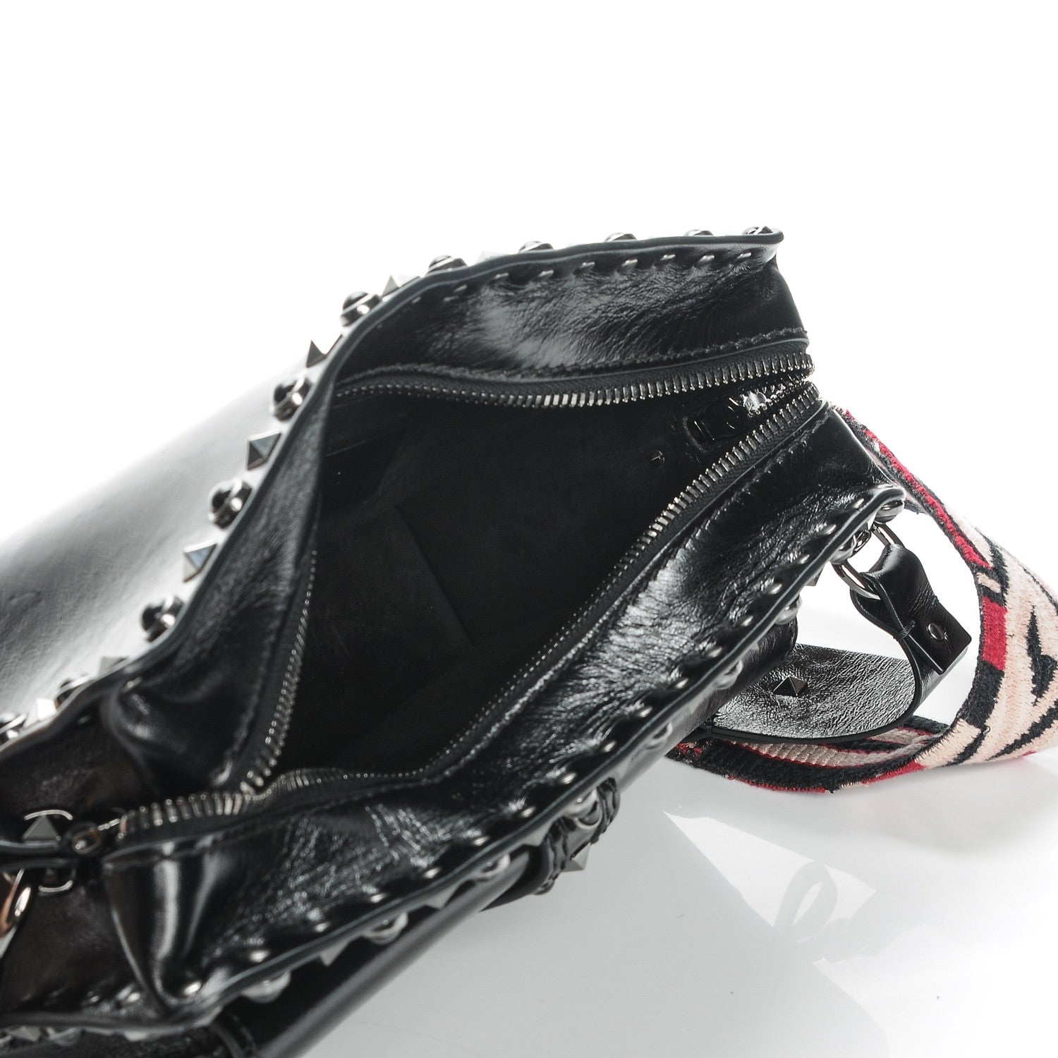 Valentino Garavani Craquele Calfskin Small Guitar Strap Rockstud Rolling Flap Pocket Shoulder Bag Black 6 of 7