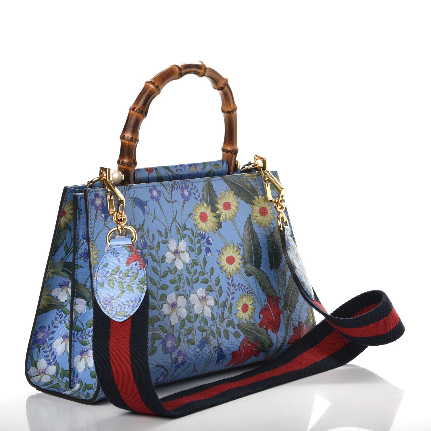 Gucci Calfskin Bamboo Web New Flora Small Nymphaea Top Handle Bag Azure 4 of 10