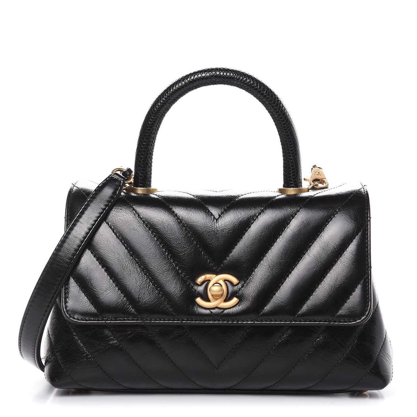 Calfskin Lizard Chevron Quilted Mini Coco Handle Flap Black