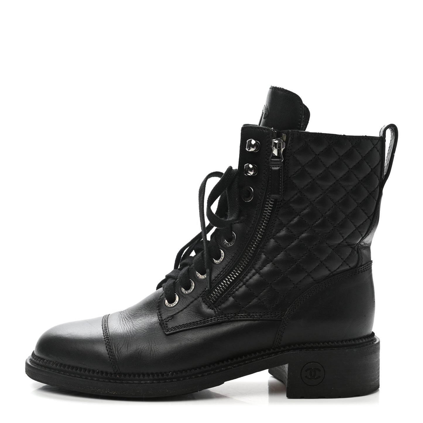 Calfskin Quilted Lace Up Combat Boots 39 Black