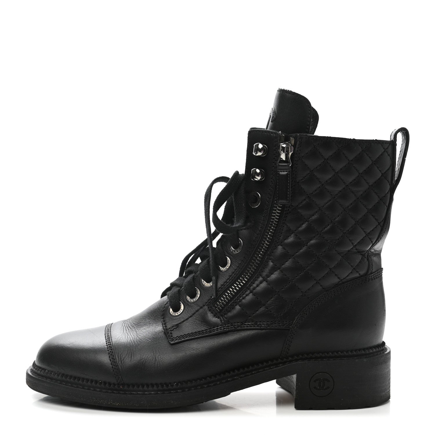 Chanel Calfskin Quilted Lace Up Combat Boots 39 Black 1 of 9
