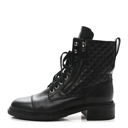 Chanel Calfskin Quilted Lace Up Combat Boots 39 Black 1 of 9