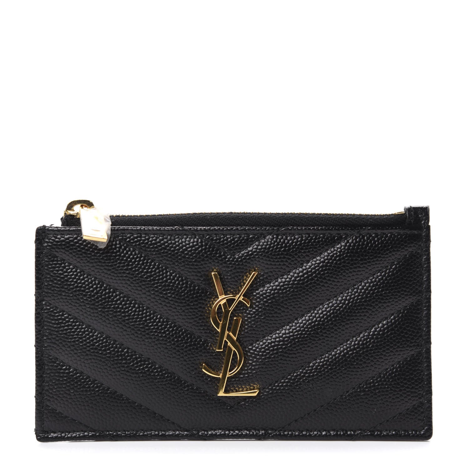 Saint Laurent Grain De Poudre Matelasse Chevron Monogram Fragments Zippered Card Case Coal 1 of 7