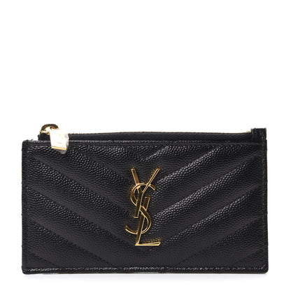Saint Laurent Grain De Poudre Matelasse Chevron Monogram Fragments Zippered Card Case Coal 1 of 7