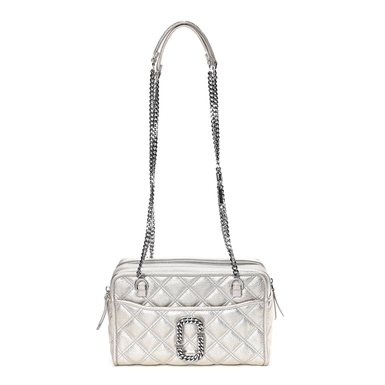 Marc Jacobs Metallic Grained Calfskin Quilted Double Stitched The Status Shoulder Bag Platinum 1 of 13