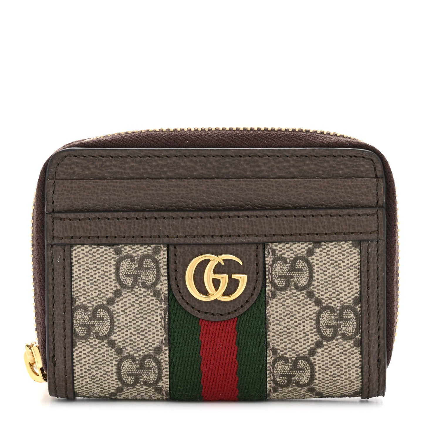 GG Supreme Monogram Textured Dollar Calfskin Web Ophidia Zip Around Card Case Wallet Beige Ebony New Acero