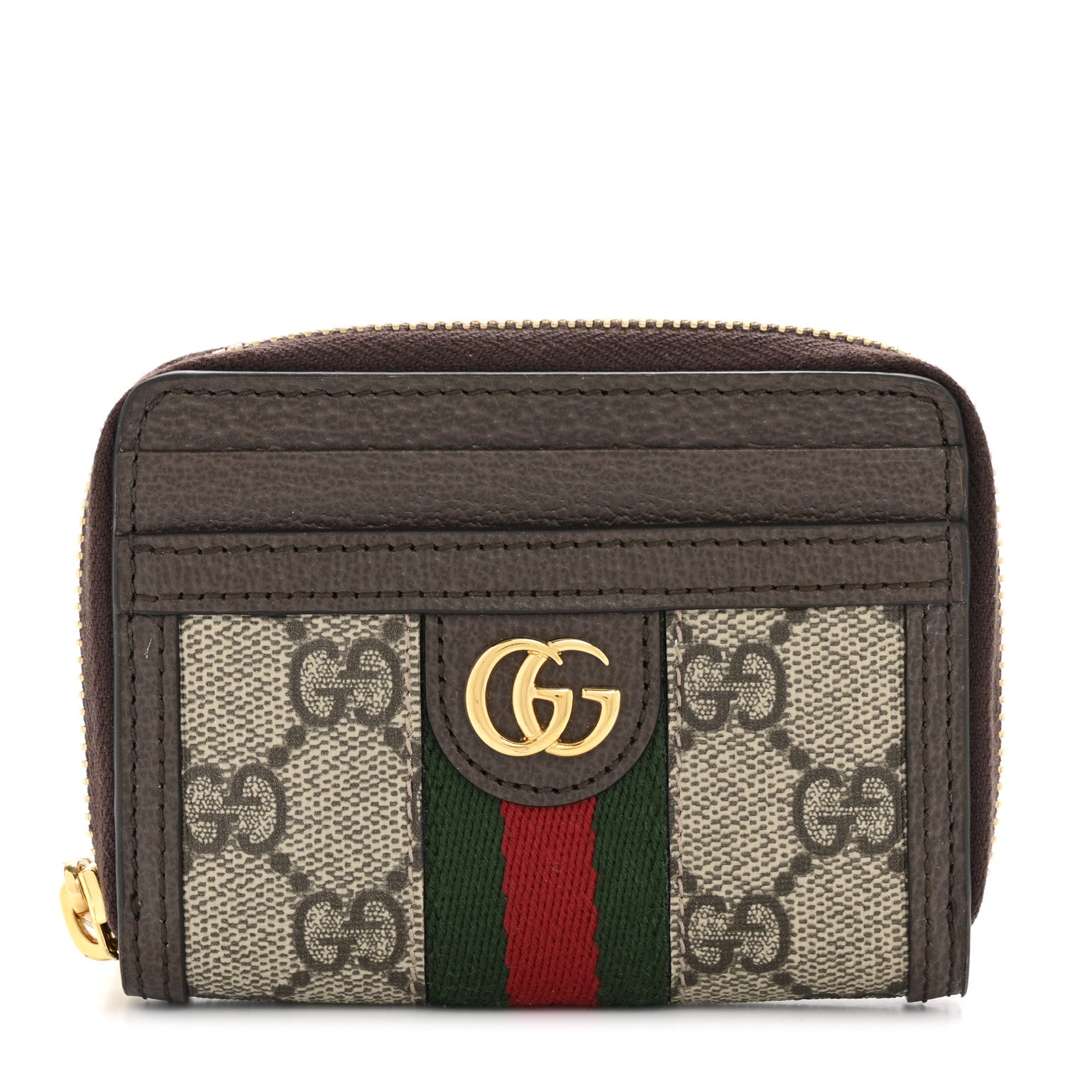 Gucci GG Supreme Monogram Textured Dollar Calfskin Web Ophidia Zip Around Card Case Wallet Beige Ebony New Acero 1 of 10