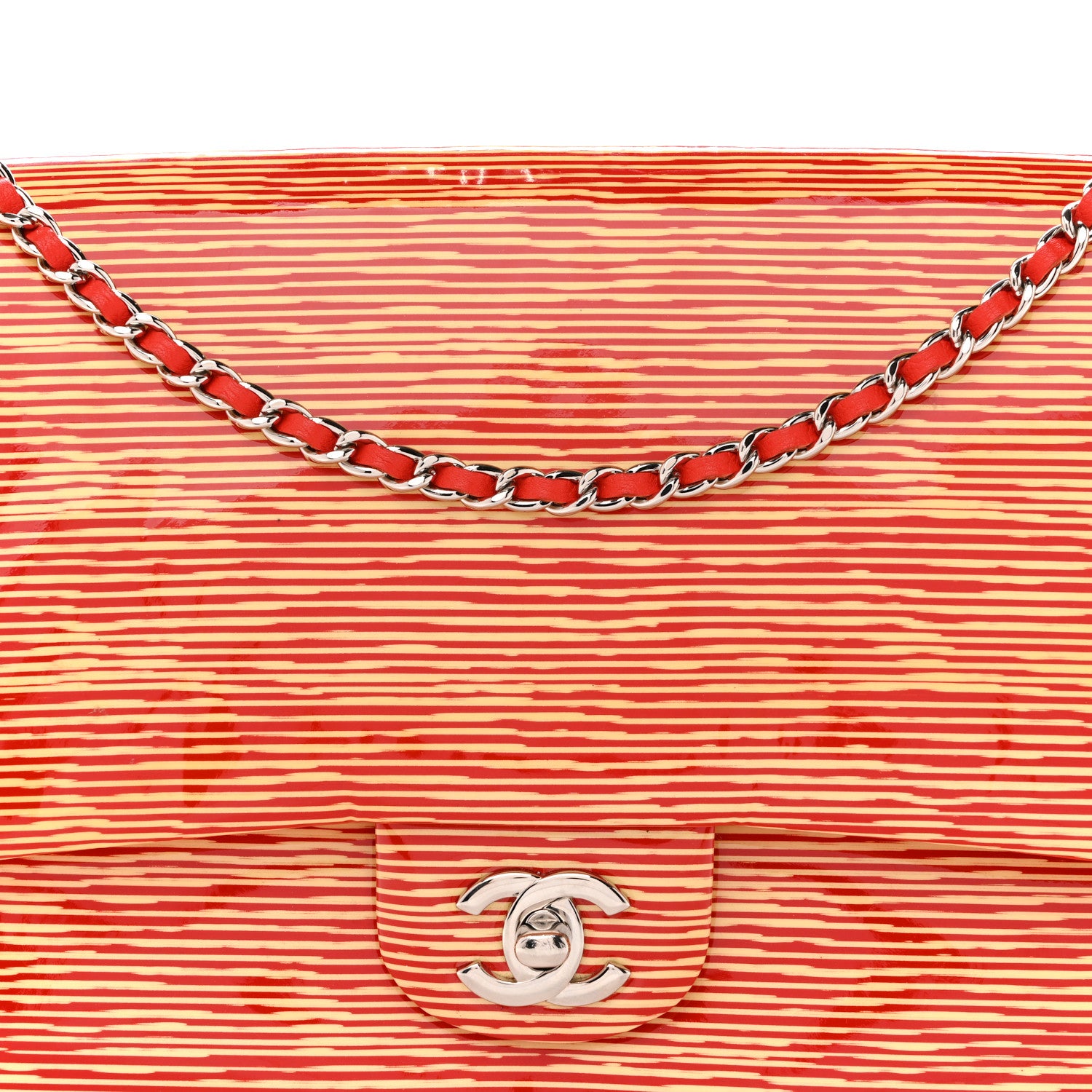 Chanel Patent Calfskin Striped Clutch With Chain Flap Red 8 of 11
