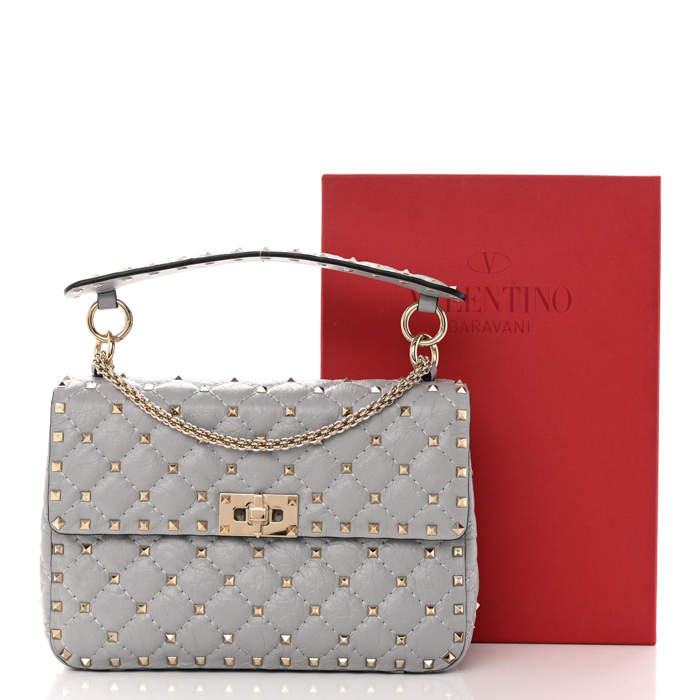 Craquele Nappa Medium Rockstud Spike Shoulder Bag Pastel Grey
