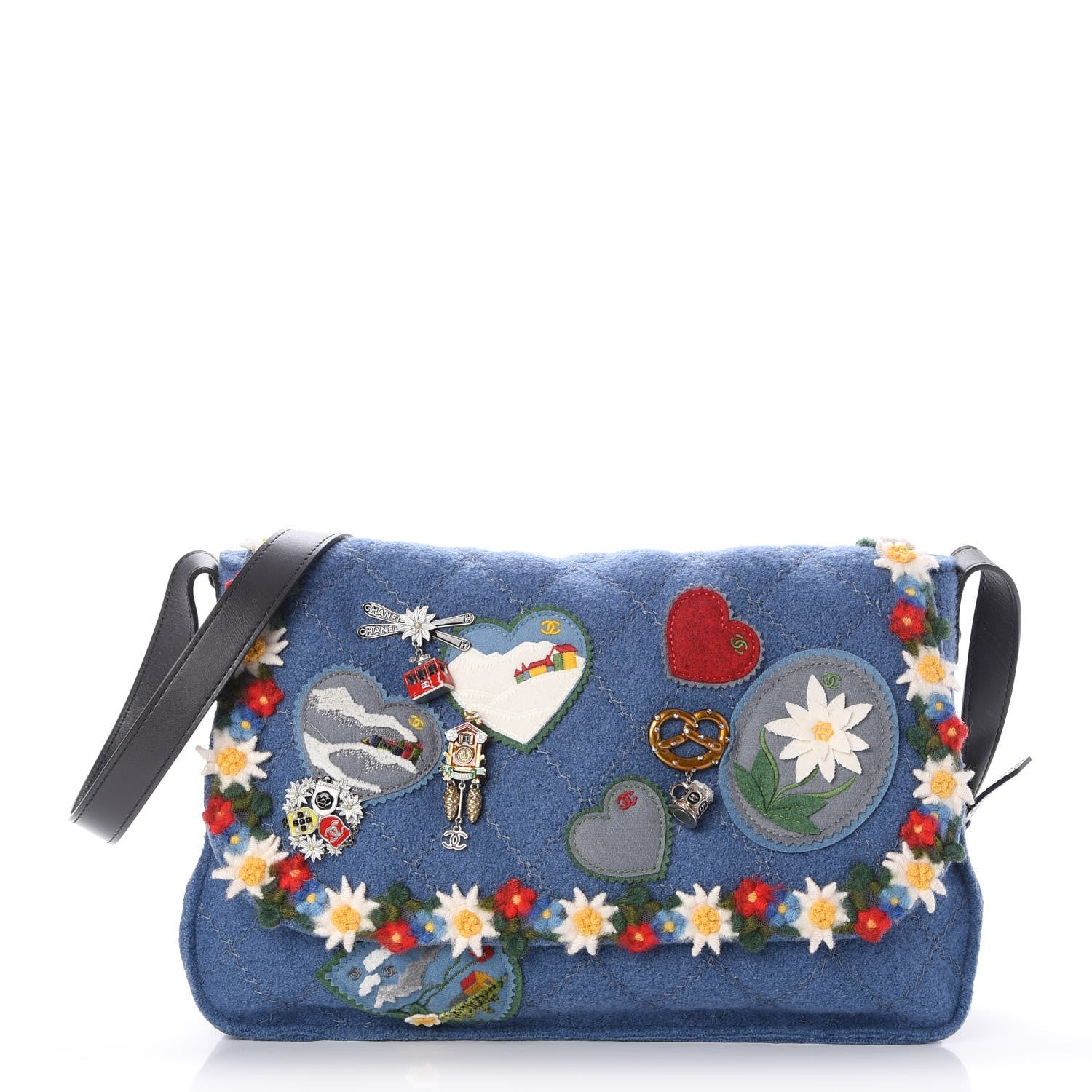 Chanel Felt Embroidered Large Crest Austrian Satchel Blue 1 of 9