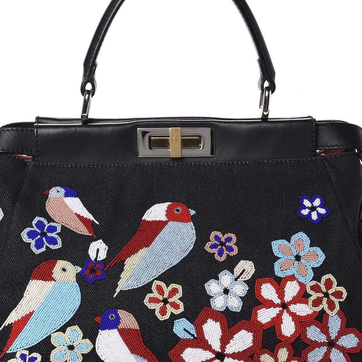 Denim Vitello Dolce QuTweet Beaded Medium Peekaboo Iconic Satchel Dark Blue Multicolor Black