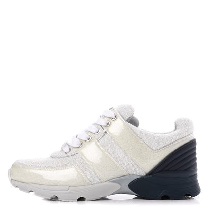 Chanel Iridescent Terry Cloth PVC Calfskin Sneakers 36.5 Silver 1 of 9