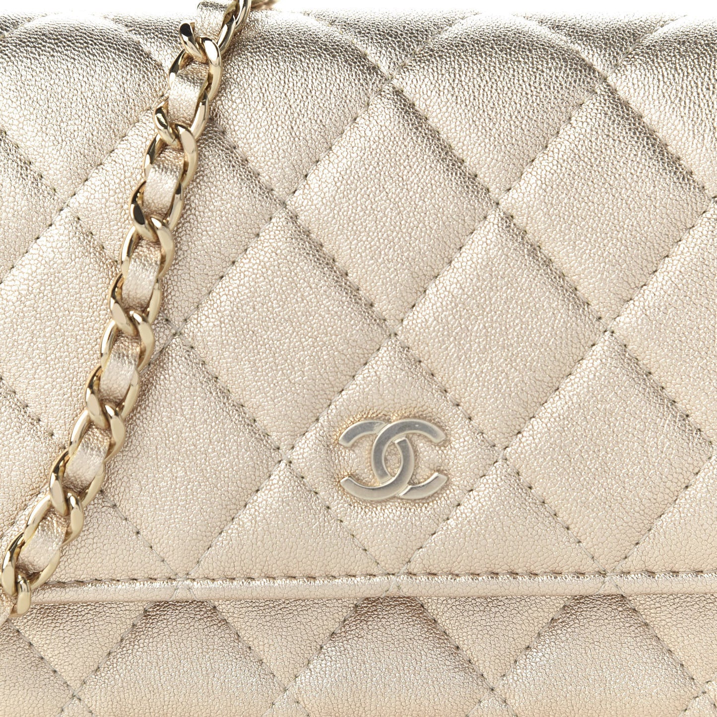 Metallic Lambskin Quilted Mini Wallet On Chain WOC Gold