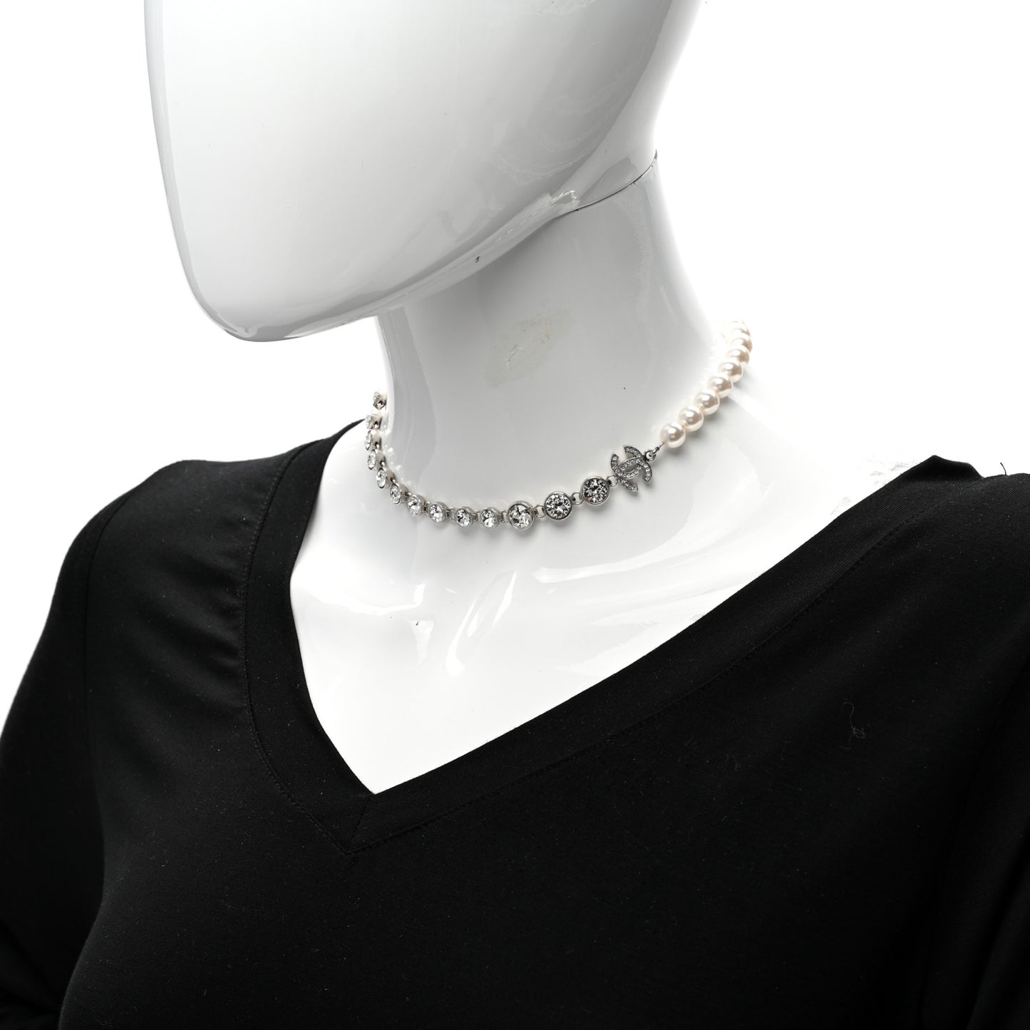 Pearl Crystal CC Choker Necklace Silver