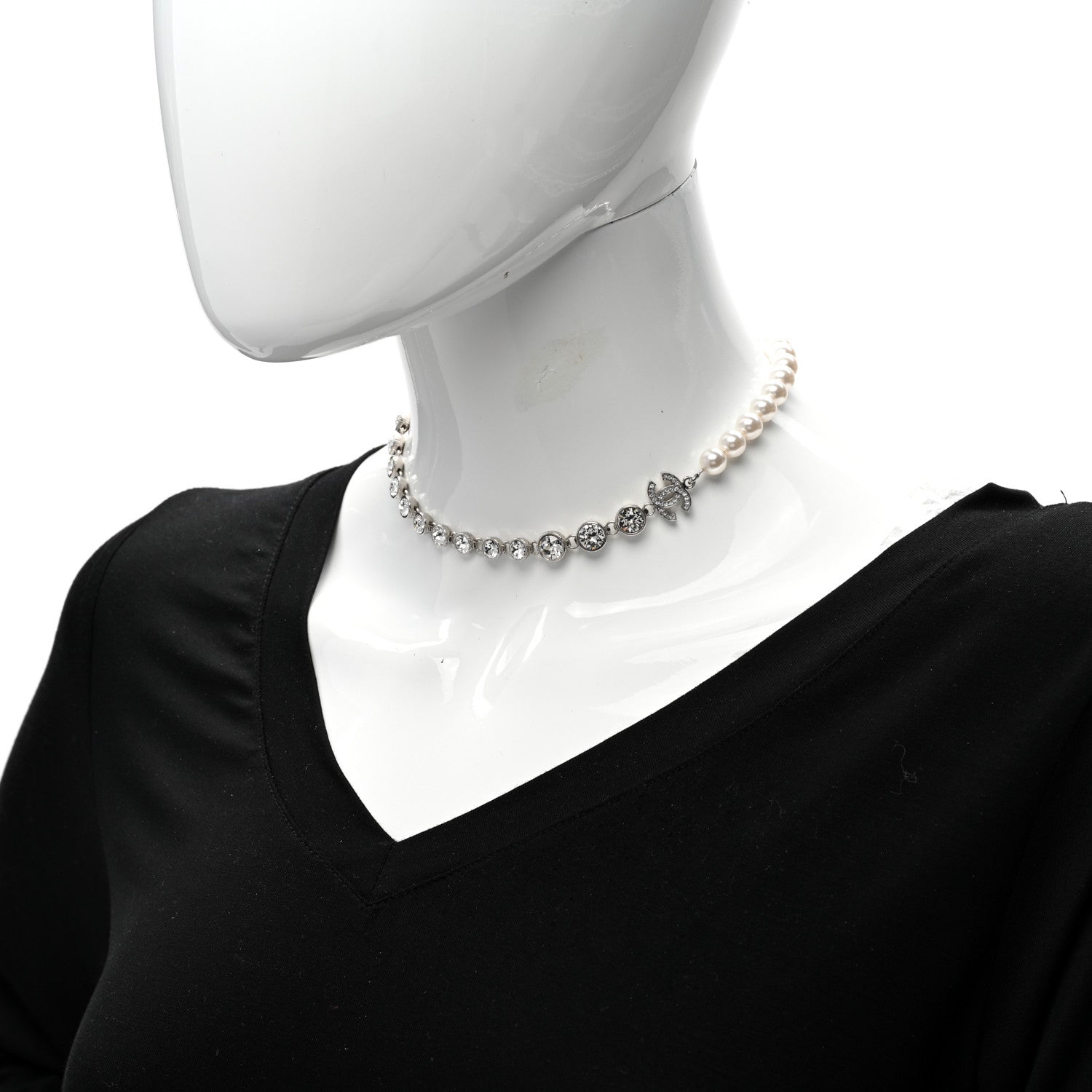 Chanel Pearl Crystal CC Choker Necklace Silver 2 of 5