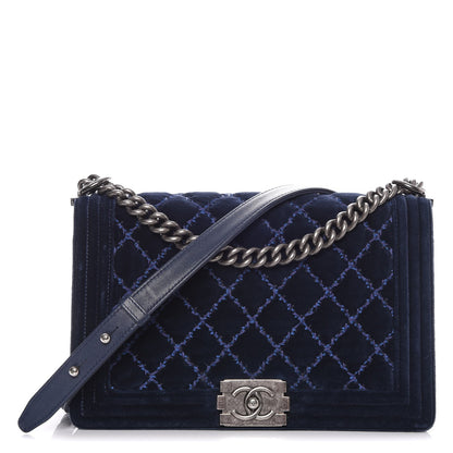 Chanel Velvet Tweed Quilted New Medium Boy Flap Dark Navy Blue 1 of 10
