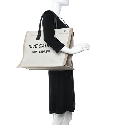 Saint Laurent Linen Calfskin Small Rive Gauche Tote Greggio Natural 2 of 16