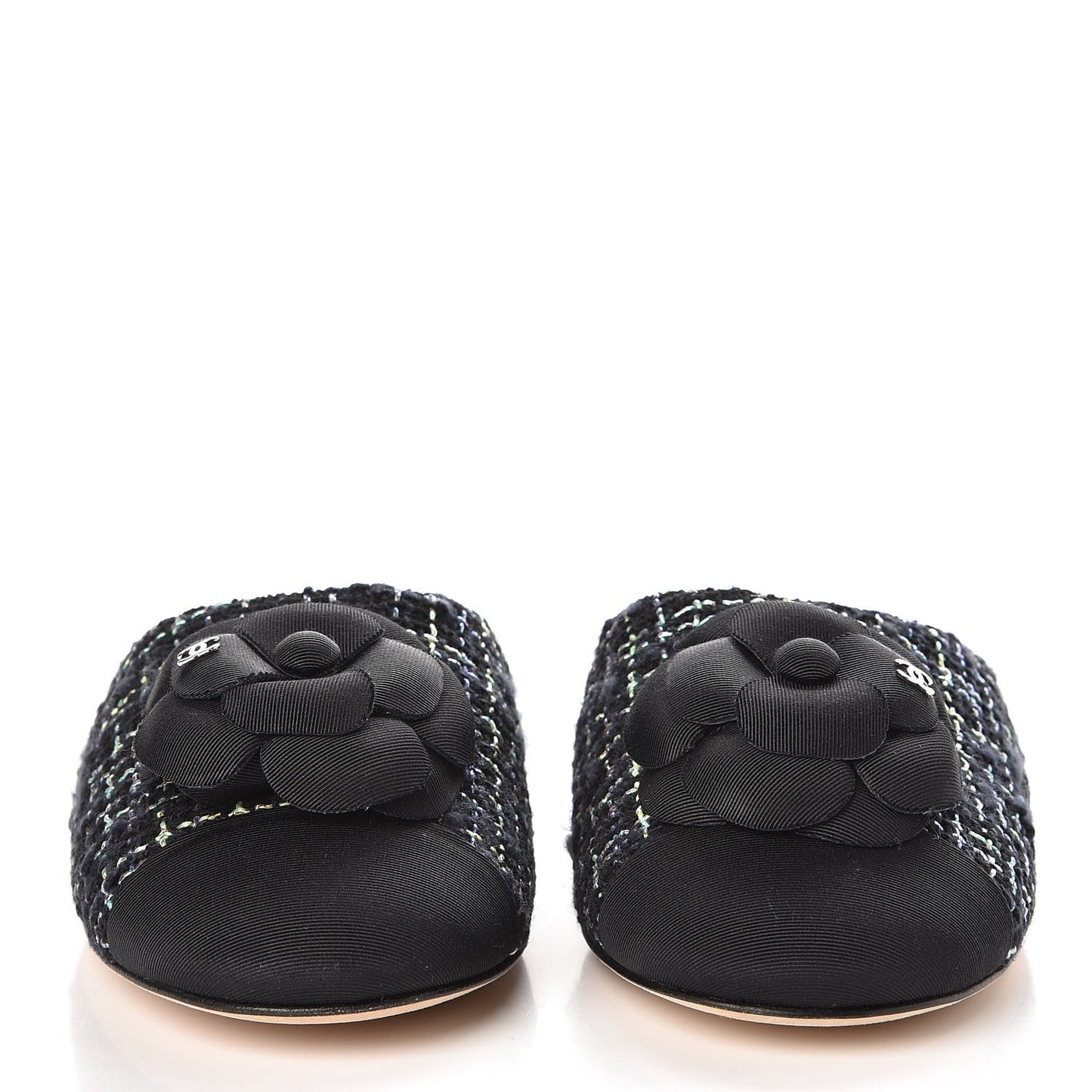 Tweed Grosgrain Camellia CC Flat Mules 40 Black Green