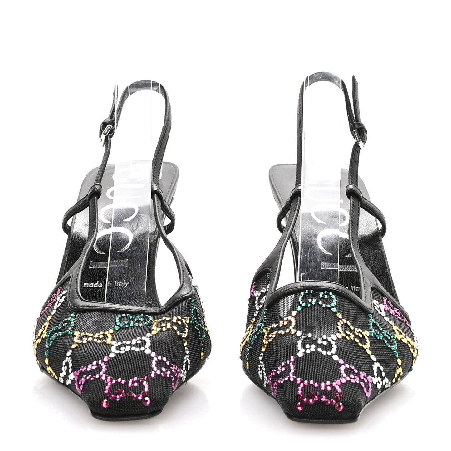 Tela Retino Nappa Charlotte Crystal GG Monogram Square G 75mm Slingback Pumps 38.5 Black