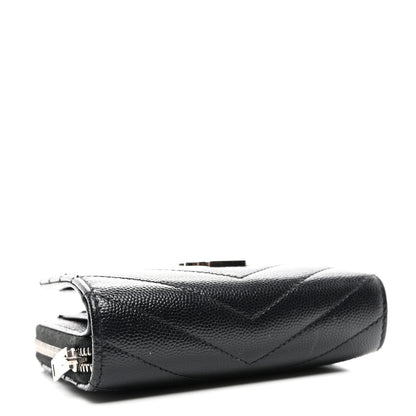 Saint Laurent Grain De Poudre Matelasse Chevron Monogram Compact Zip Around Wallet Black 4 of 8