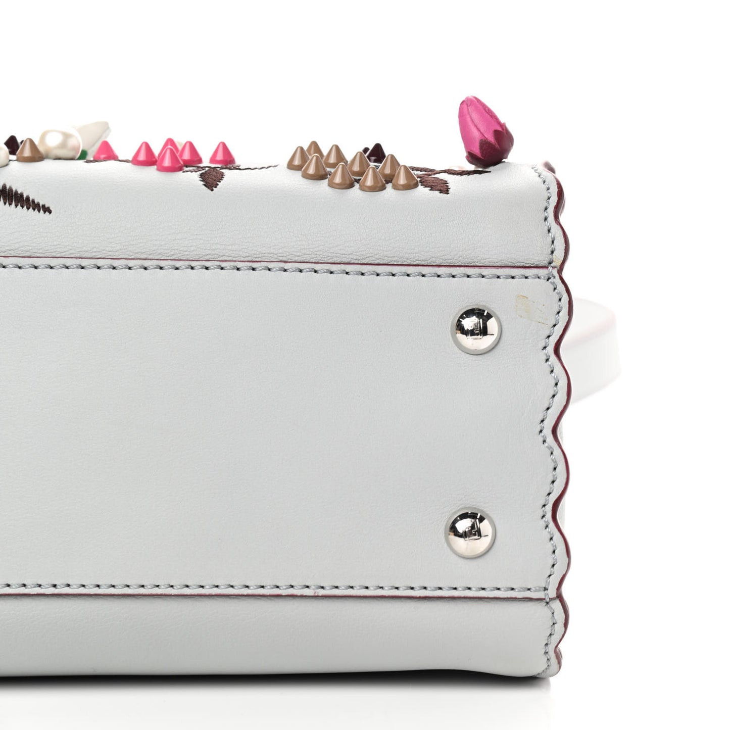 Vitello Seta Shiny Nappa Pearl Scalloped Studded Floral Embroidered Medium Peekaboo Iconic Satchel Grigio Perla Multicolor