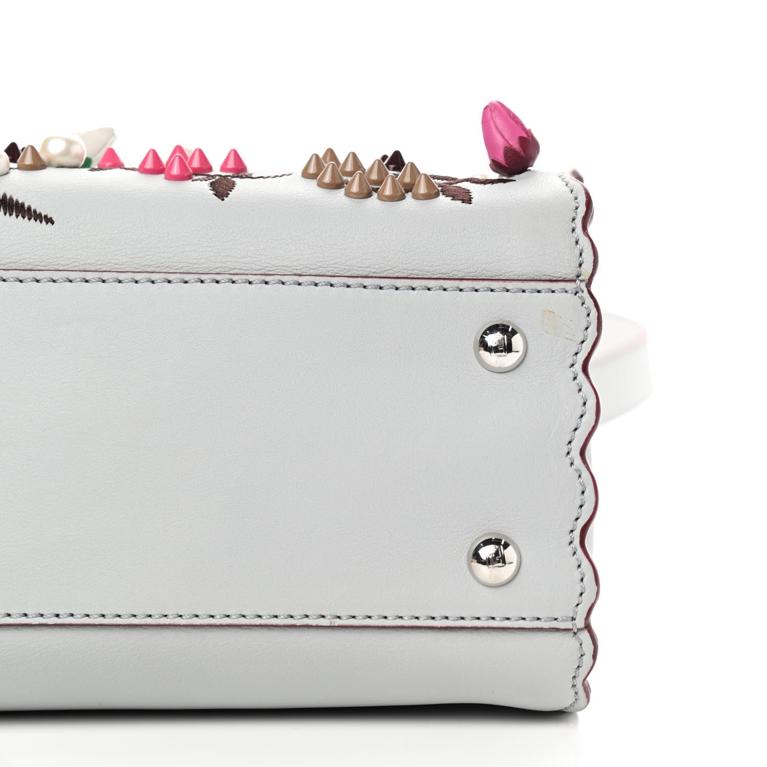 Fendi Vitello Seta Shiny Nappa Pearl Scalloped Studded Floral Embroidered Medium Peekaboo Iconic Satchel Grigio Perla Multicolor 7 of 11