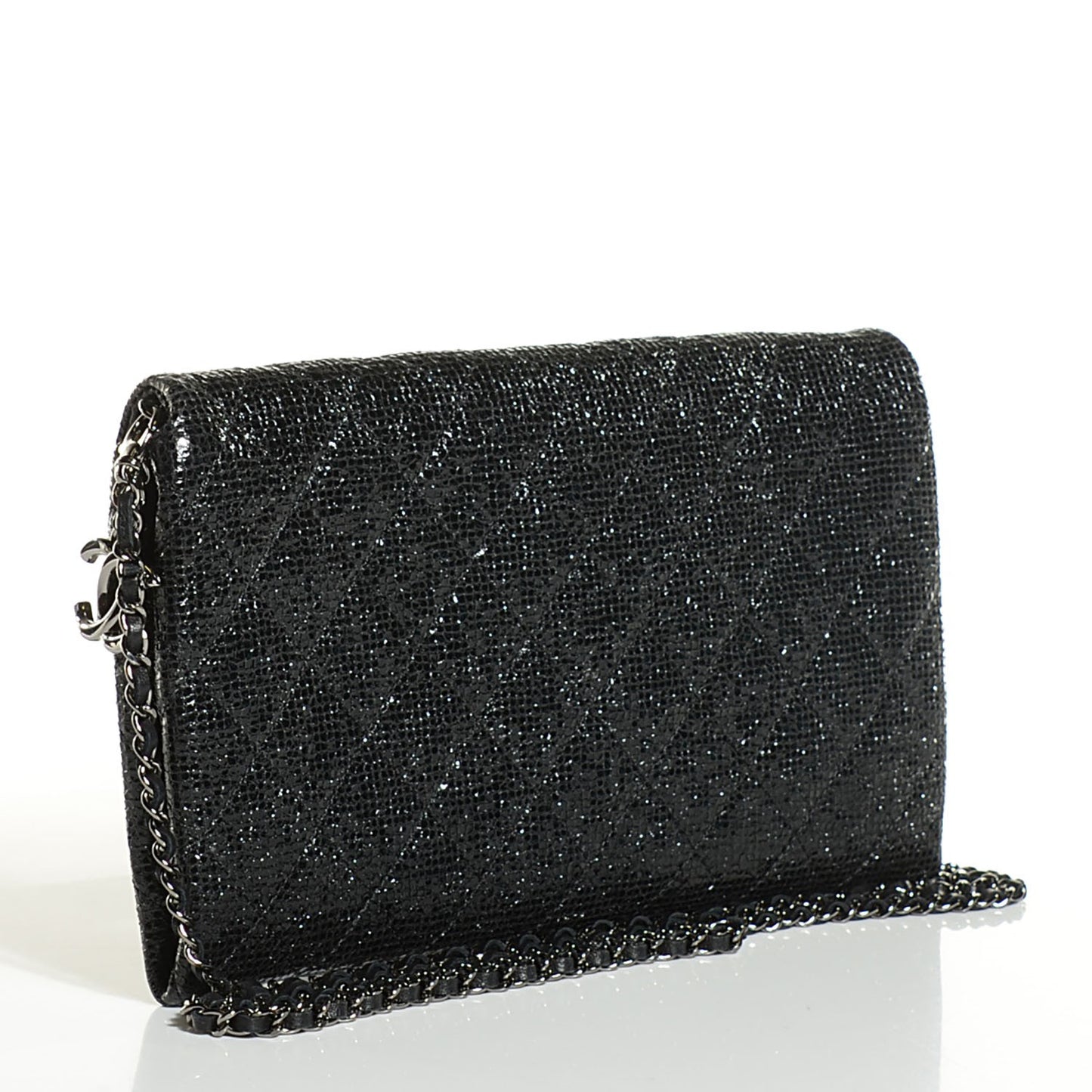 Iridescent Quilted Chain Clutch Black