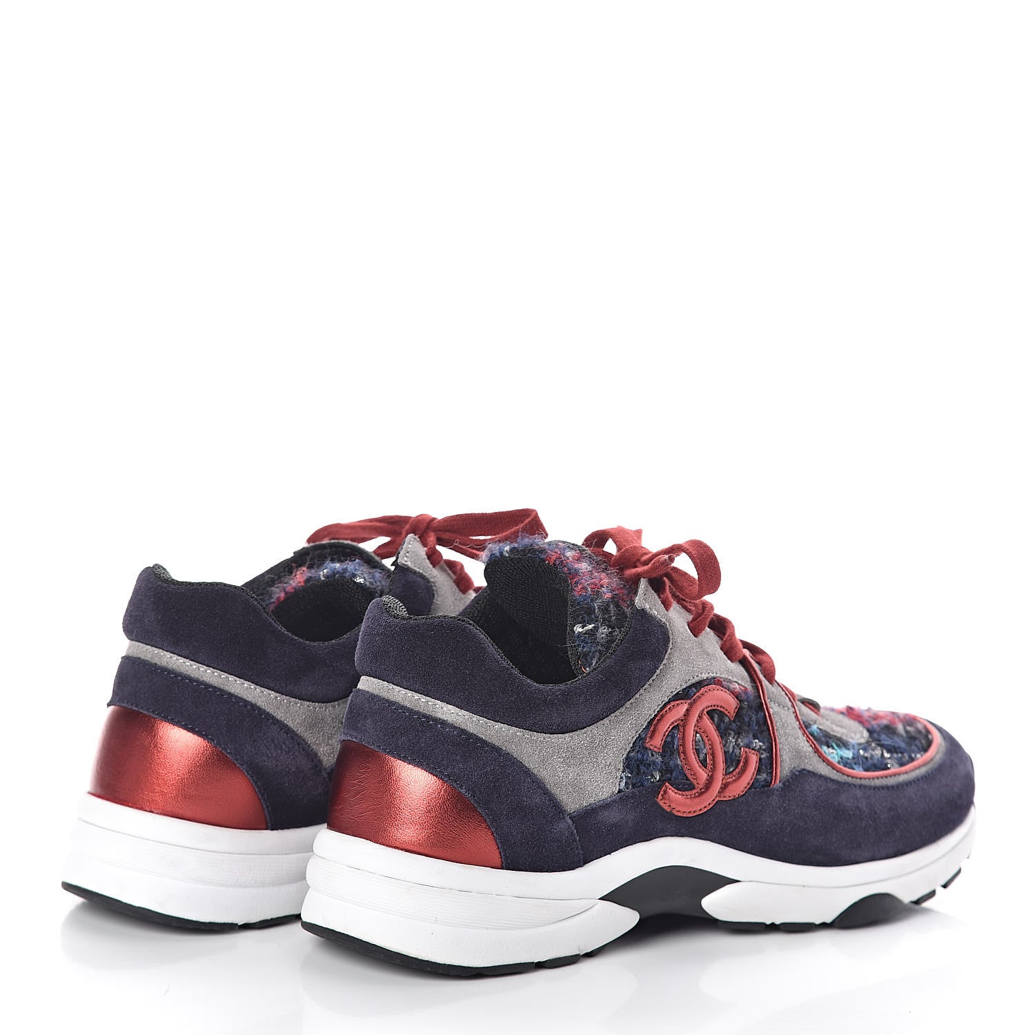 Chanel Tweed Suede Calfskin Womens CC Sneakers 38 Grey Red Navy 4 of 7
