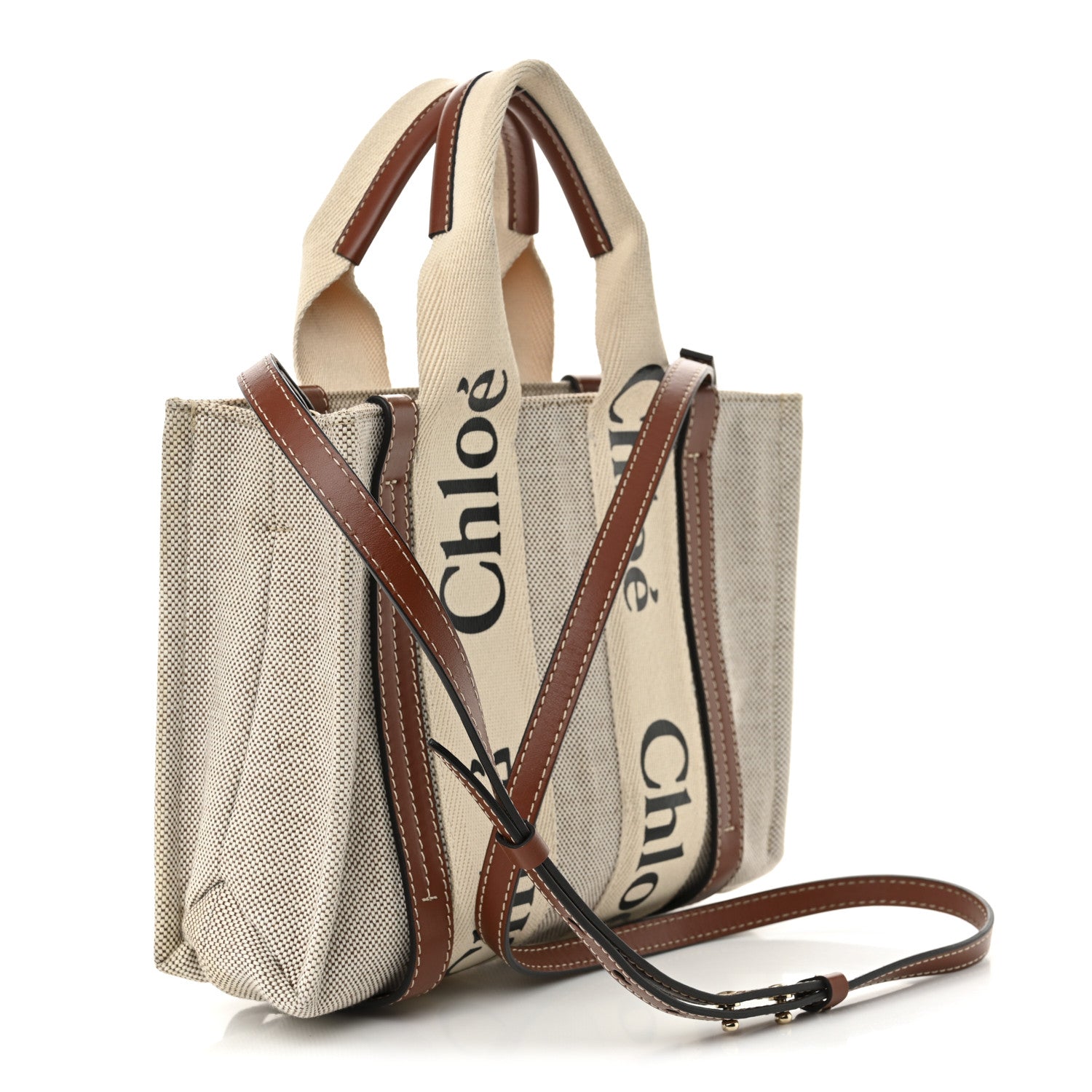 Chloe Cotton Calfskin Small Woody Ribbon Tote With Strap White Brown 3 of 11