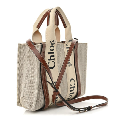 Chloe Cotton Calfskin Small Woody Ribbon Tote With Strap White Brown 3 of 11
