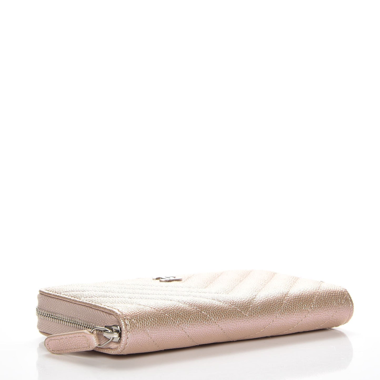 Metallic Caviar Chevron Quilted Small Zip Around Wallet Light Gold