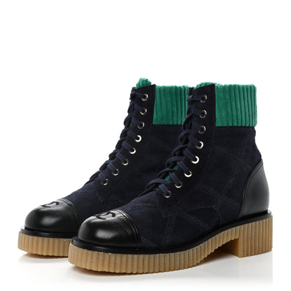 Chanel Suede Calfskin Velvet Quilted CC Combat Boots 38 Navy Green Black 3 of 9