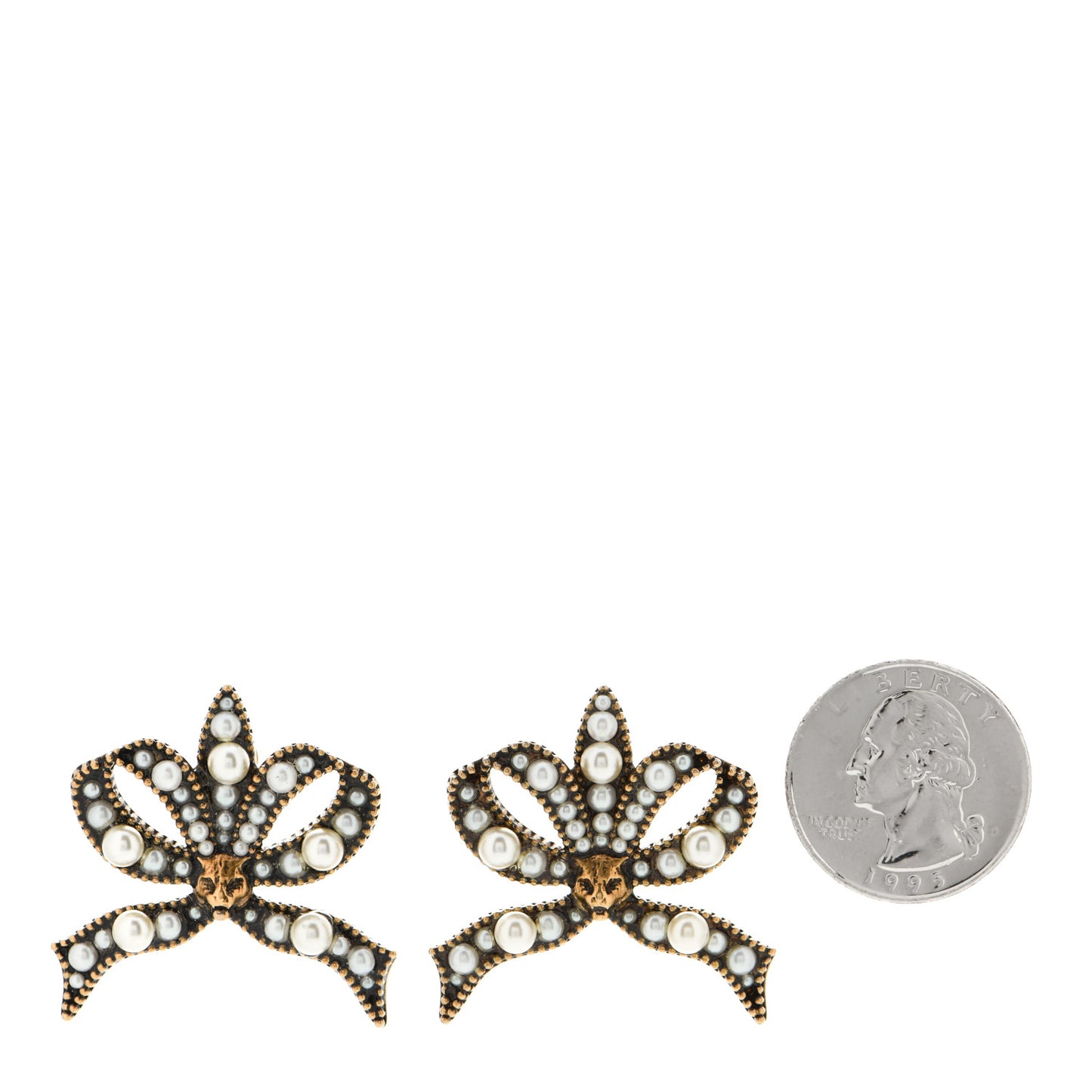Metal Crystal Resin Pearl Feline Bow Earrings Aged Gold