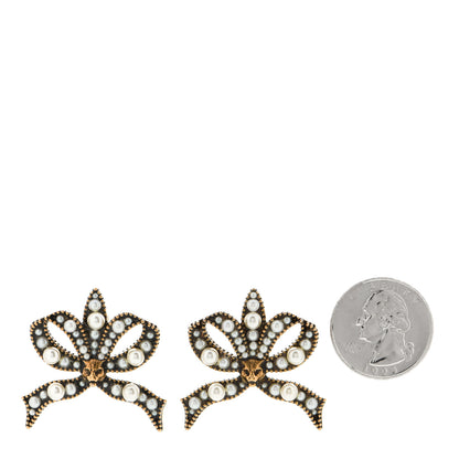 Gucci Metal Crystal Resin Pearl Feline Bow Earrings Aged Gold 2 of 5