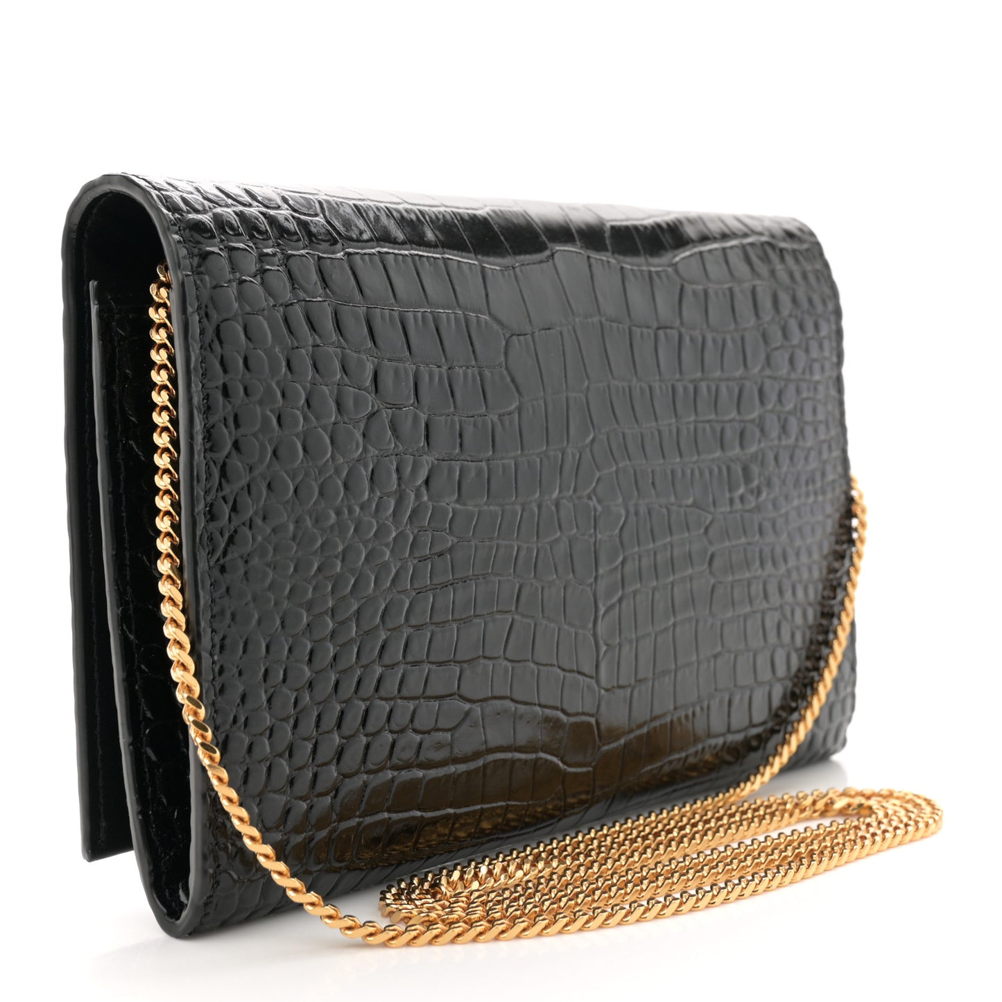 Calfskin Crocodile Embossed Monogram Chain Wallet Black