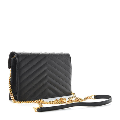 Saint Laurent Grain De Poudre Matelasse Chevron Monogram Envelope Chain Wallet Black 3 of 10