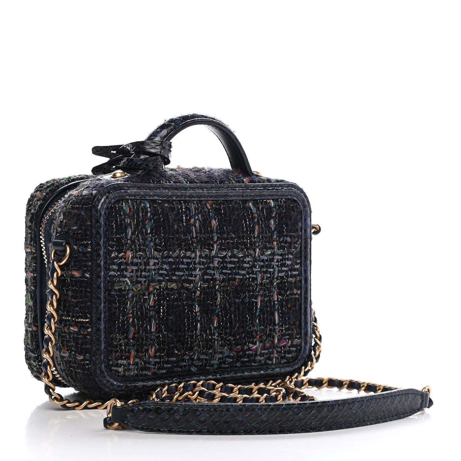 Chanel Tweed Snakeskin Quilted Small CC Filigree Vanity Case Navy Multicolor 2 of 8