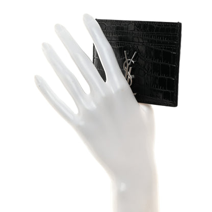 Saint Laurent Calfskin Crocodile Embossed Monogram Credit Card Case Black 2 of 7