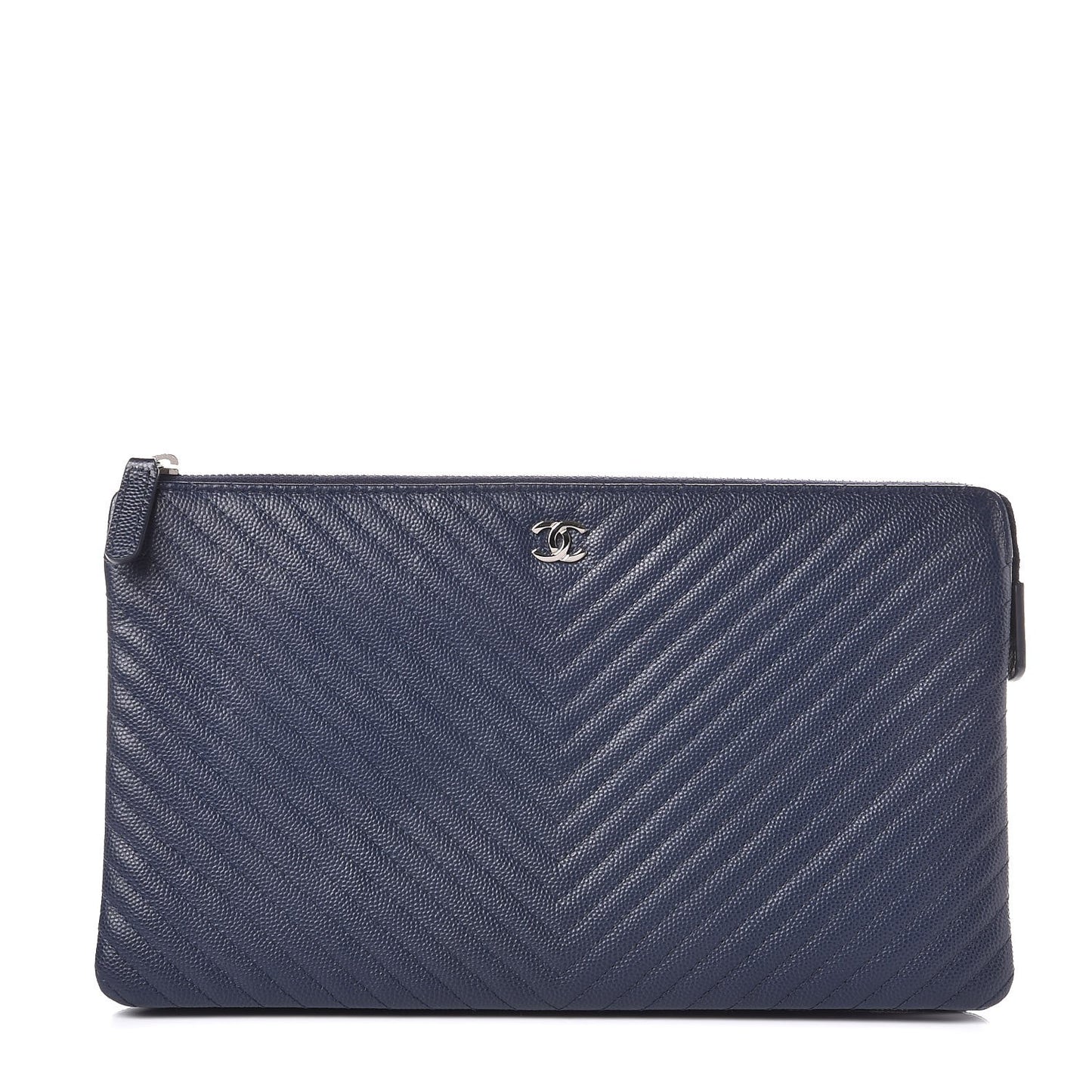 Caviar Chevron Quilted Large Zipped Clutch Navy