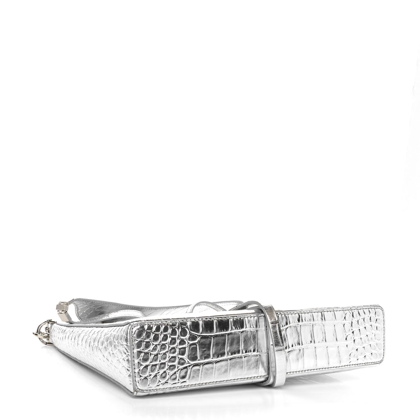 Metallic Calfskin Croc Embossed Small Cut Out Shoulder Bag Silver
